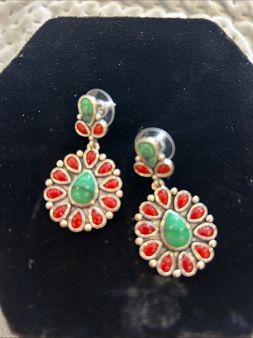 Green Turquoise and Red Teardrop Dangle Earrings-NWT